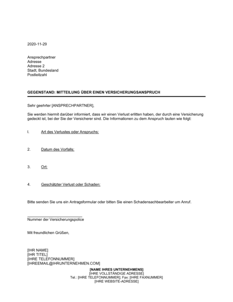 Mitteilung über einen Versicherungsanspruch - Vorlagen und Muster ...