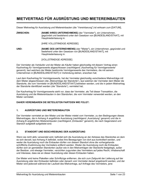 Mietvertrag für Ausrüstung und Mietereinbauten - Vorlagen und Muster ...
