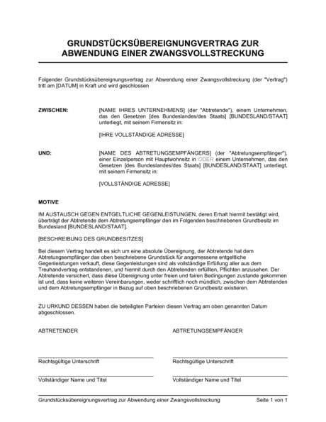 Grundstücksübereignungsvertrag zur Abwendung einer Zwangsvollstreckung - Vorlagen und Muster ...