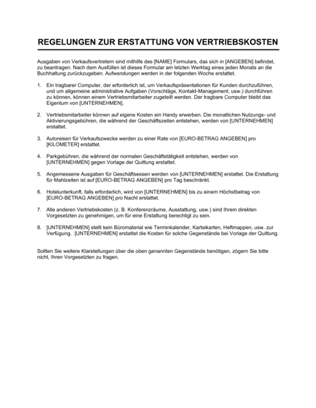 Regelungen zur Erstattung von Vertriebskosten - Vorlagen und Muster ...