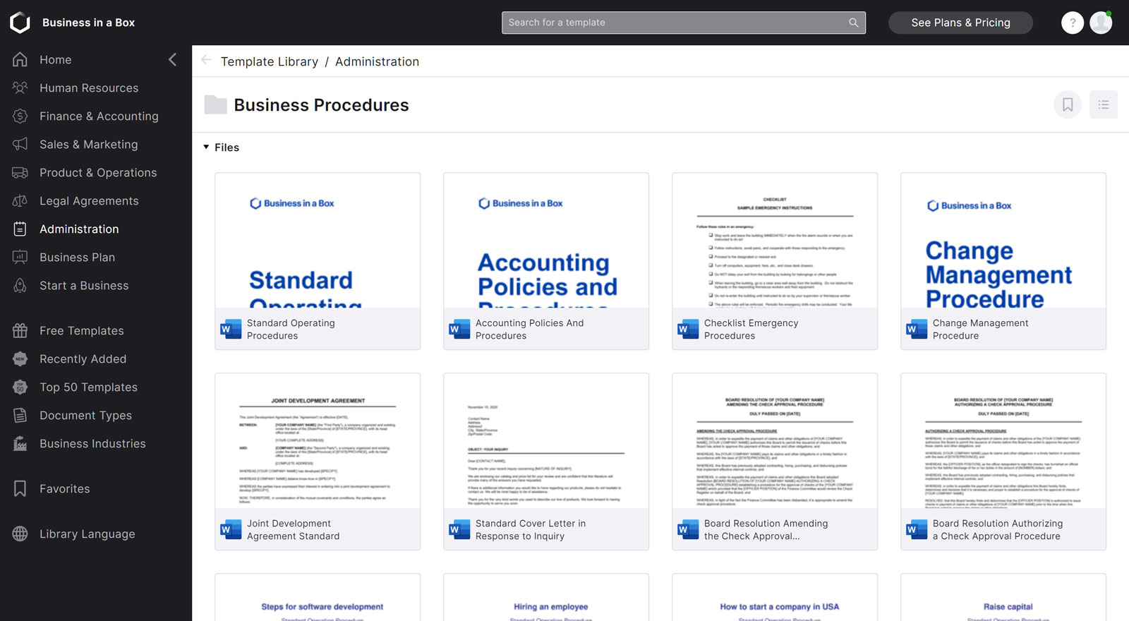 Document templates for business procedures.